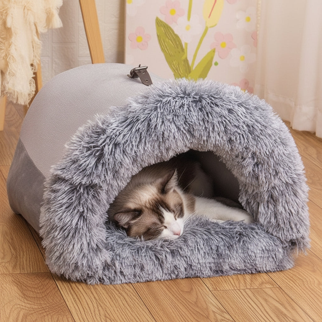 Calming Plush Pet Bed for Cats & Small Dogs with soft interior, perfect for secure and cozy sleep environments.