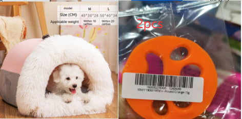Calming Plush Pet Bed for Cats & Small Dogs featuring a cozy pet inside a semi-enclosed bed for comfort and security.