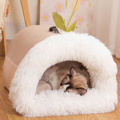 Calming Plush Pet Bed for Cats &amp; Small Dogs providing a cozy and secure sleeping space for small pets.
