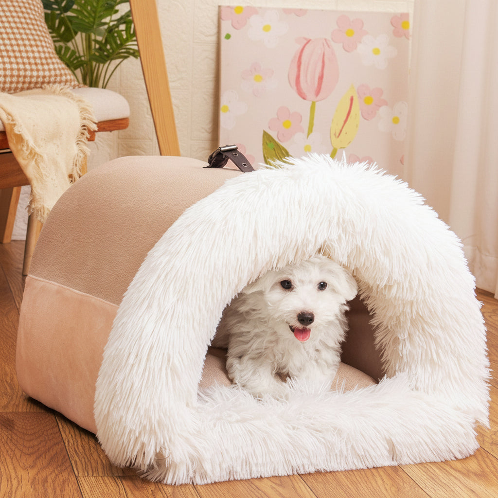 Calming Plush Pet Bed for Cats &amp; Small Dogs in cozy semi-enclosed shape with a small dog inside.