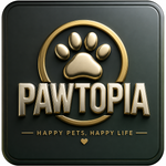 A square black plaque or sign with rounded corners, featuring a raised gold paw print inside a gold circle above the word 'PAWTOPIA' in large metallic gold letters. Smaller gold text reads 'HAPPY PETS, HAPPY LIFE' with a small heart below.