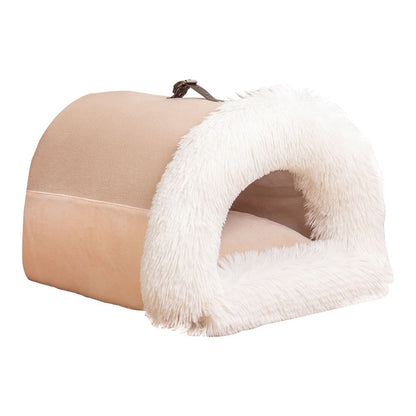 Calming Plush Pet Bed for Cats &amp; Small Dogs - semi-enclosed pet nest bed with soft, cozy design.