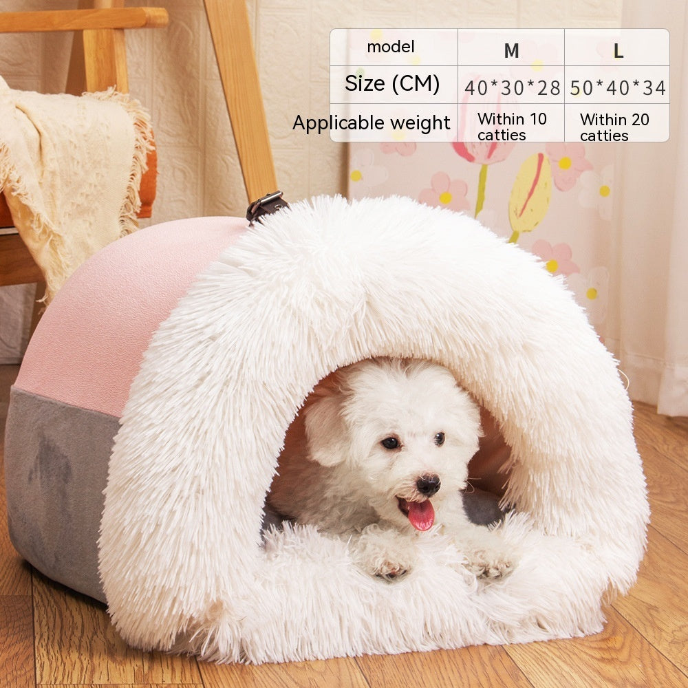 Calming Plush Pet Bed for Cats &amp; Small Dogs with a small dog comfortably nestled inside.