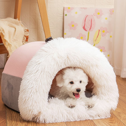 Calming Plush Pet Bed for Cats &amp; Small Dogs with a cozy dog nestled inside a semi-enclosed design.