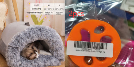 Calming Plush Pet Bed for Cats &amp; Small Dogs with cozy interior and pet resting comfortably.