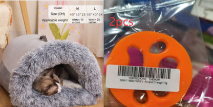 Calming Plush Pet Bed for Cats &amp; Small Dogs with cozy interior and pet resting comfortably.